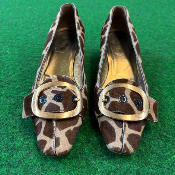 Prada Giraffe Print Gold Buckle Block Heel Loafer Pumps Size 8/ 38 - Picture 2 of 6